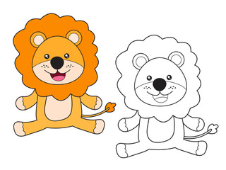 Cute cartoon baby lion sitting and smiling, with one colored illustration and one black and white outline. Suitable for children's coloring pages.