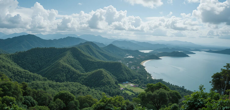 "Panoramic view from Araku Valley down to the coast of Vizag, lush green hills merging into the Bay of Bengal, tribal villages, coffee plantations, clouds casting soft shadows.