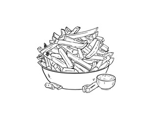 Minimalist black and white line art illustration of a bowl of French fries with a dipping sauce. Hand-drawn food sketch ideal for restaurant menus, packaging, or food-themed designs.