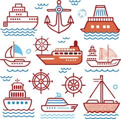 Line art black line art and color ship and boat icon