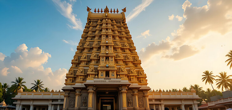 "Padmanabhaswamy Temple in Trivandrum with towering gopuram covered in golden carvings, pilgrims entering temple gates, tropical background with palm trees, glowing in afternoon light, traditional .