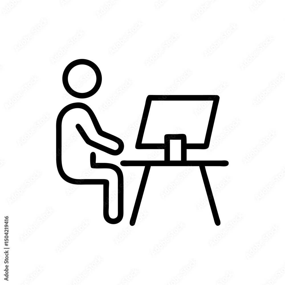 Poster minimalist line drawing of person sitting at desk with computer