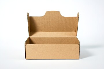 An open brown cardboard box sits upright against a plain, clean, bright white background