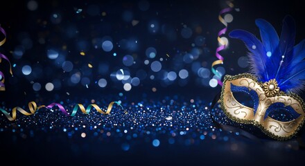 Festive mask with confetti, sparkles, feathers and ribbon. Event invitation