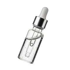 Glass vial of clear serum with dropper inside isolated on transparent background