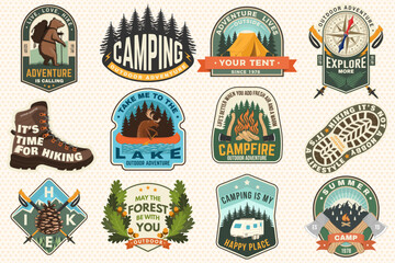 Set of hiking outdoor adventure emblems, patch. Hiking related typographic quote. Design hiker bear with backpack, mountain, hiking poles, hiking boot, mug, compass, and pine cone.