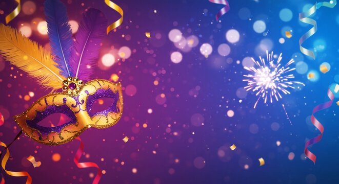 Masked ball invitation with glitter, confetti and serpentine streamers decoration