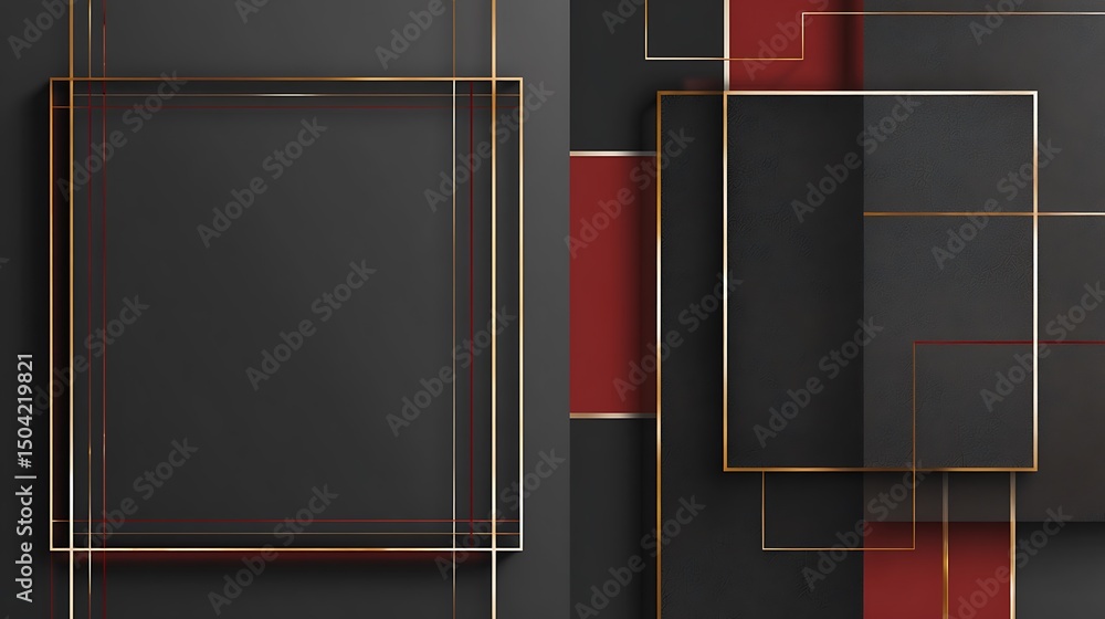 Wall mural abstract background featuring gray and red rectangles with gold line accents and square frames