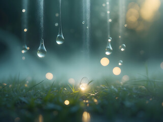 Raindrops on the Meadow: An ethereal scene of raindrops cascading downwards into a lush meadow, with soft bokeh lights illuminating the misty ambiance, bringing tranquility and freshness.