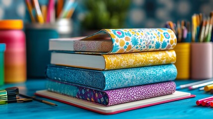 Stack of colorful books, art supplies, and vibrant covers on a blue desk