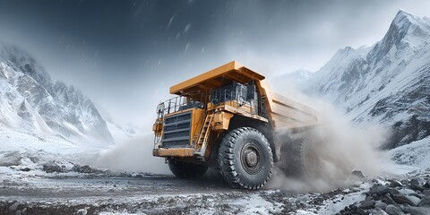 Mining truck: yellow, in snow-covered mountain quarry, kicking dust. Rugged terrain. Snow-capped peaks backdrop. Industrial power. Photorealistic, dynamic.