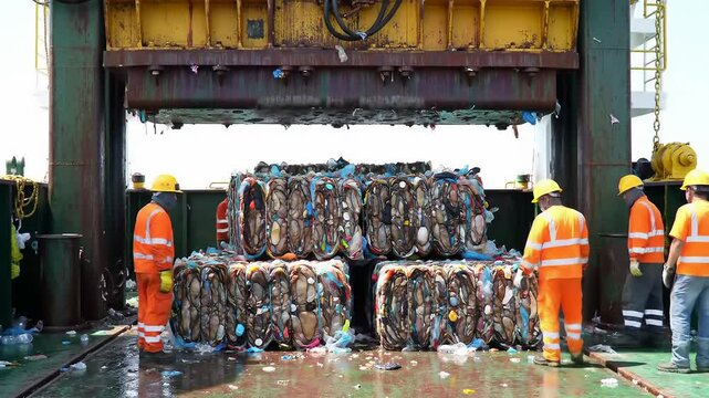 Workers Operating Heavy Machinery Compressing Plastic Bottles for Recycling Process