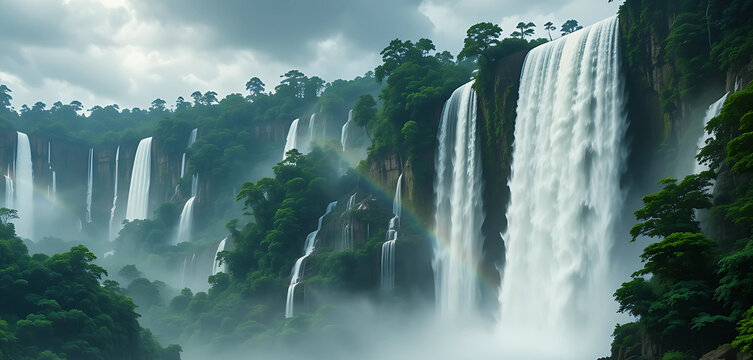 Massive Chitrakote waterfall cascading into the Indravati River during monsoon, lush green jungle surrounding, rainbow forming in mist, tribal boats near the base, dramatic sky.