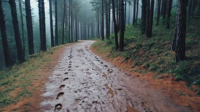 A narrow muddy path winding through dense pines. Each footstep resounds unnaturally loud. The camera follows footprints that appear without a visible source, leading deeper into darkness