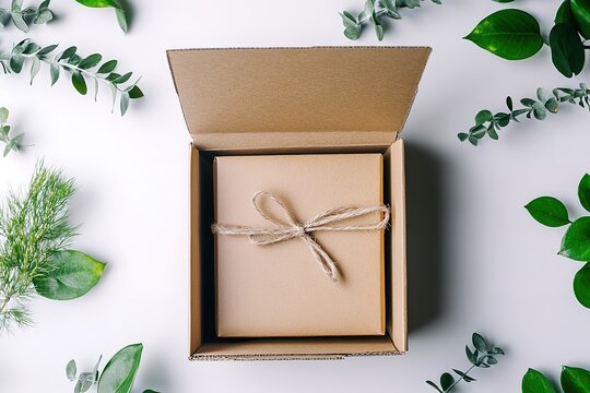 Brown paper package with string bow sits inside open cardboard box surrounded by greenery