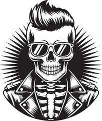 Punk Rock Skull silhouette with Spiked Hair and Sunglasses – Vector Illustration in Leather Jacket | Stylized Skull Illustration with Sunglasses and Spikey Hair in Monochrome