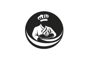 Stylized chef's silhouette within a circular emblem, holding a steaming dish, radiating culinary expertise