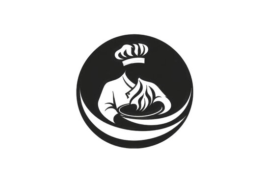 Stylized chef's silhouette within a circular emblem, holding a steaming dish, radiating culinary expertise