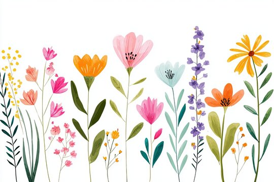 Colorful floral illustration featuring a variety of flowers in different shapes and sizes, showcasing vibrant colors and delicate details, perfect for nature-themed designs and projects