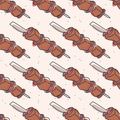 Line art doodle of Turkish shashlik with meat and tomatoes on skewer. Hand drawn sketch of traditional shish kebab. Vector seamless pattern for food design