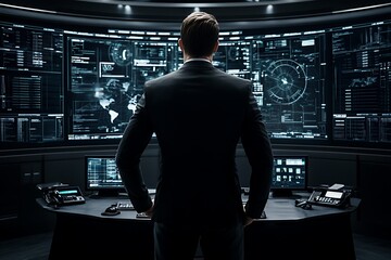 Fototapeta premium Man Overseeing High-Tech Command Center with Multiple Digital Screens Displaying Data in a Corporate Environment