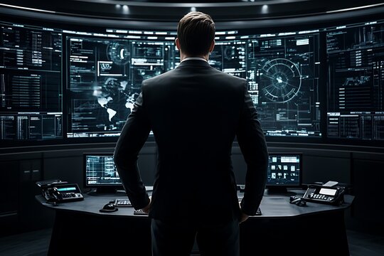 Man Overseeing High-Tech Command Center with Multiple Digital Screens Displaying Data in a Corporate Environment
