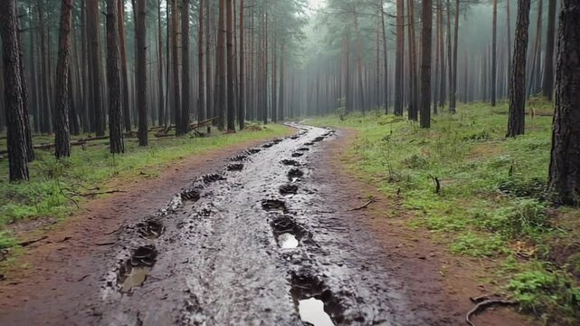 A narrow muddy path winding through dense pines. Each footstep resounds unnaturally loud. The camera follows footprints that appear without a visible source, leading deeper into darkness