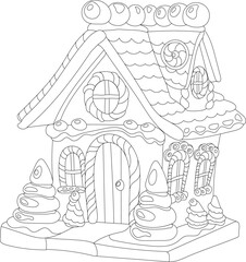 gingerbread house vector coloring book, christmas image, for relaxation and antistress, children's coloring new year, house of sweets contours