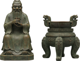 Ancient Chinese Bronze Statues Confucian Sage Ritual Tripod Vessel