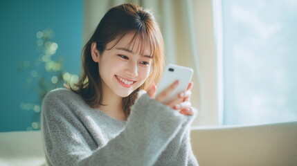 自宅でスマートフォンを使う笑顔の女性 #02