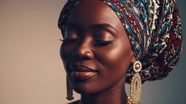 Young woman with headwrap smiling softly in natural light portrait
