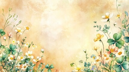Obraz premium A whimsical watercolor rectangle frame of dainty meadow flowers, including buttercups and clover blossoms, their soft edges blending into a warm golden-washed background 
