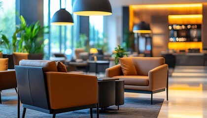Sophisticated hotel lobby lounge area with modern armchairs and ambient lighting