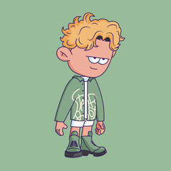 Cartoon-style character illustration with a bored or tired expression.