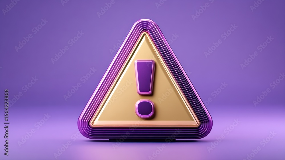 Poster purple and gold warning sign: 3d render of an exclamation mark in a triangle
