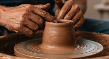 Crafting Clay Pot on Wheel Hands Shaping Pottery Process