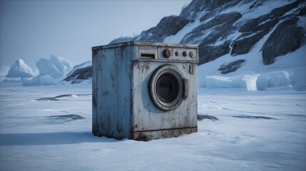 An old, rusty washing machine abandoned in a frozen arctic landscape, evoking a surreal and ironic juxtaposition of household technology and extreme natural isolation