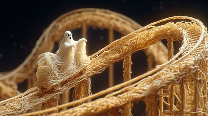 A ghost riding a rollercoaster made of spaghetti 