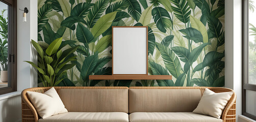 Tropical modern interior with a teakwood framed rattan sofa, banana leaf wallpaper, and an A4 transparent frame mockup displayed beneath a sconce on a floating teak shelf.