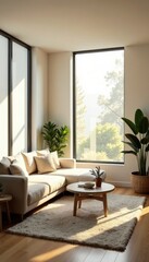 Bright minimalist living space, large windows, sun streaming in, floor, bright interior, apartment