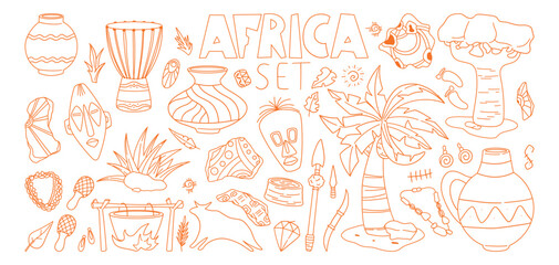Orange line doodle illustration set of African cultural elements, masks, drums, baobab tree, pottery, jewelry, and tribal symbols. Ethnic hand drawn vector isolated on white background.