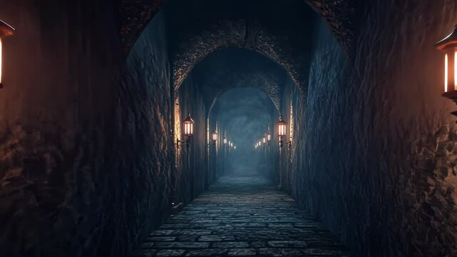 Dark, stone corridor with antique lanterns