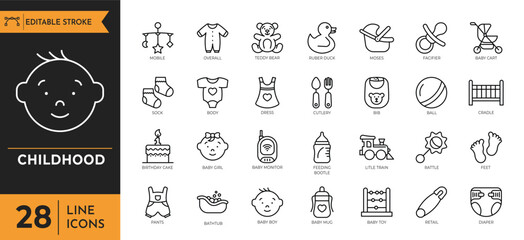 Childhood outline icon set. editable stroke. Vector illustration