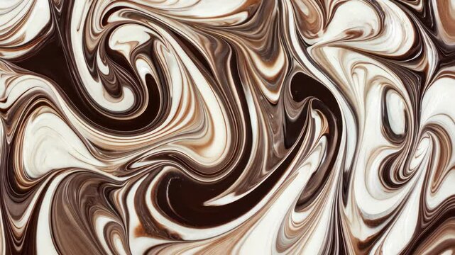 Swirls of chocolate and white frosting create an abstract swirl pattern perfect for food backgrounds and textures, a visually appealing design.