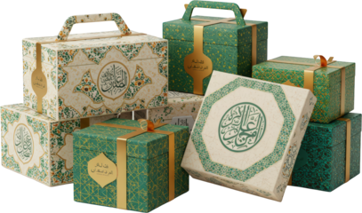Elegant Green and Beige Gift Boxes with Arabic Calligraphy Islamic Design Festive Packaging