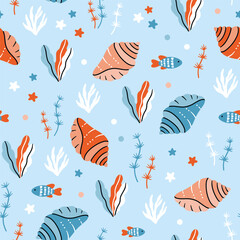 Seamless vector pattern featuring colorful seashells, fish and seaweed on a blue background. Cute stylized marine background perfect for children's textiles, wallpapers, and other design projects