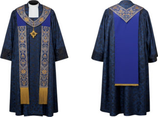 Elegant Blue Liturgical Chasuble with Gold Embroidered Stole Front and Back Views