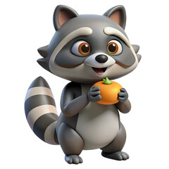 Naklejka premium Cute 3D Cartoon Raccoon Holding Fruit - Adorable Forest Animal Character