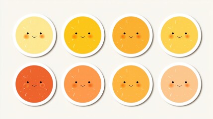 Fototapeta premium A symmetrical sticker sheet featuring 8 identical, minimalist sun characters in different shades.