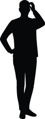 Black silhouette of a puzzled person scratching their head in a thoughtful standing pose, symbolizing confusion or uncertainty

